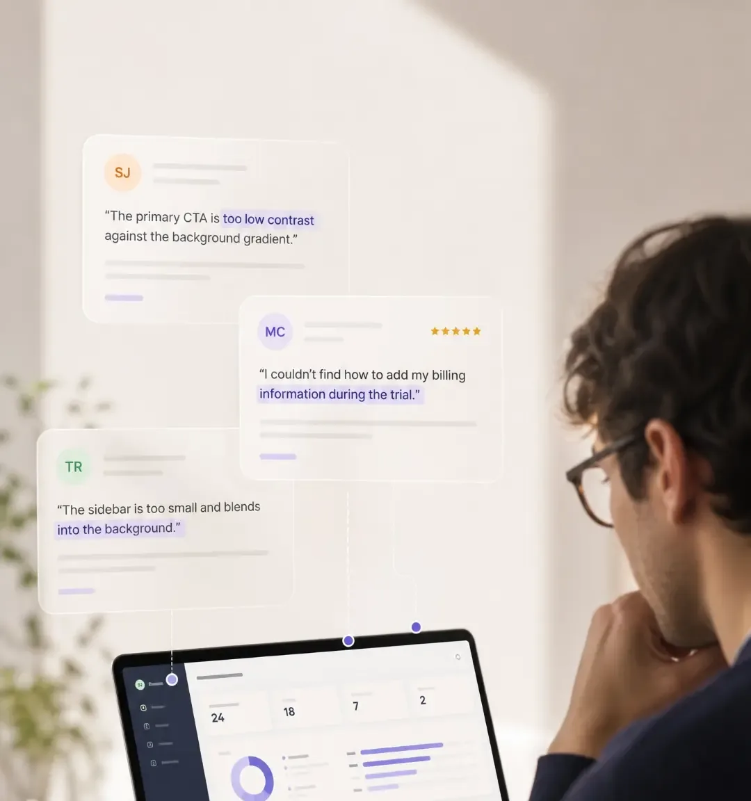 Builder reviewing structured tester feedback on a laptop dashboard