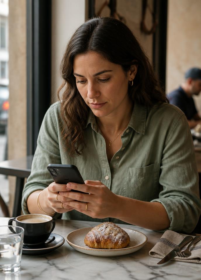 Tester exploring a mobile app in a cafe