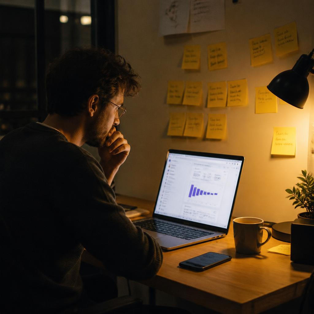 Solo builder reviewing their product late at night at a desk with sticky notes and a laptop