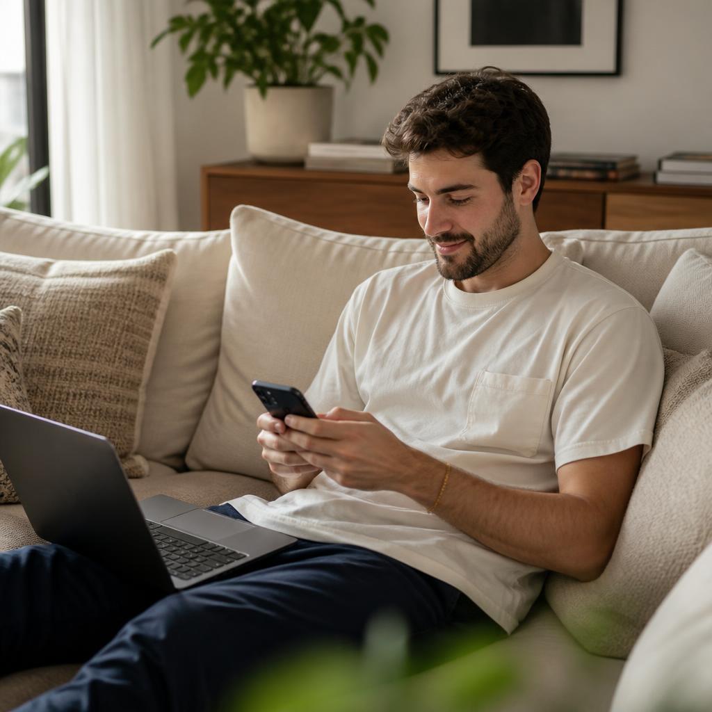 Recensio tester trying a mobile app from his sofa